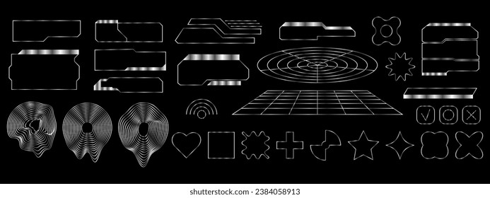 Abstrakte Metallformen im trendigen Y2K-Stil. Geometrische Elemente mit futuristischen Rahmen, Stern, Herz, Quadrat, Kreisformen für Webseiten, Poster, Design. Moderne Vektorgrafik.