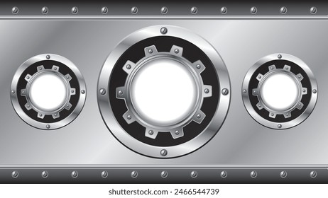 abstract metal silver background with three symmetrical closing circles.center shape of gears and fastening bolts.