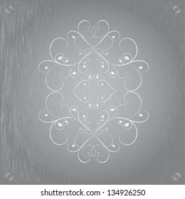 Abstract metal texture. Vector design element. Illustration with damask pattern. Grunge background metal plate with screws.