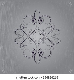 Abstract metal texture. Vector design element. Illustration with damask pattern. Grunge background metal plate with screws.