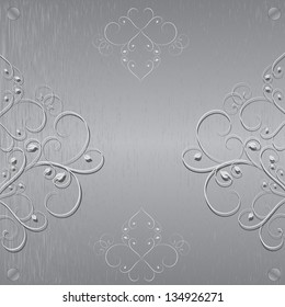 Abstract metal texture. Vector design element. Illustration with damask pattern. Grunge background metal plate with screws.