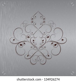 Abstract metal texture. Vector design element. Illustration with damask pattern. Grunge background metal plate with screws.
