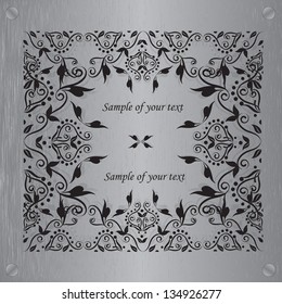 Abstract metal texture. Vector design element. Illustration with damask pattern. Grunge background metal plate with screws.