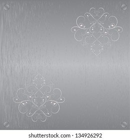 Abstract metal texture. Vector design element. Illustration with damask pattern. Grunge background metal plate with screws.