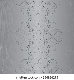 Abstract metal texture. Vector design element. Illustration with damask pattern. Grunge background metal plate with screws.