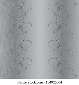 Abstract metal texture. Vector design element. Illustration with damask pattern. Grunge background metal plate with screws.