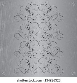 Abstract metal texture. Vector design element. Illustration with damask pattern. Grunge background metal plate with screws.