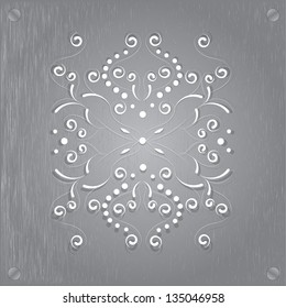 Abstract metal texture. Vector design element. Illustration with damask pattern. Grunge background metal plate with screws.