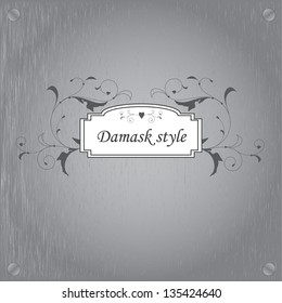 Abstract metal texture. Vector design element. Illustration with damask pattern. Grunge background metal plate with screws.
