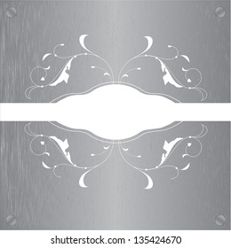 Abstract metal texture. Vector design element. Illustration with damask pattern. Grunge background metal plate with screws.