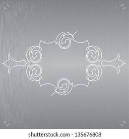 Abstract metal texture. Vector design element. Illustration with damask pattern. Grunge background metal plate with screws.