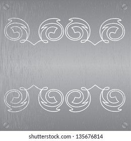 Abstract metal texture. Vector design element. Illustration with damask pattern. Grunge background metal plate with screws.