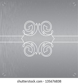 Abstract metal texture. Vector design element. Illustration with damask pattern. Grunge background metal plate with screws.