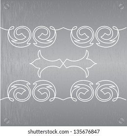 Abstract metal texture. Vector design element. Illustration with damask pattern. Grunge background metal plate with screws.