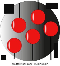 abstract metal.five red balls on the background of a gray circle and black squares