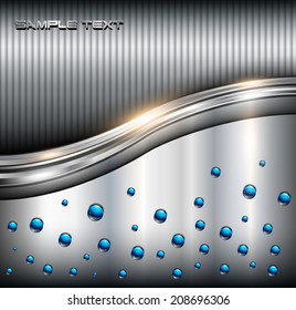 Abstract metallic background with blue bubbles, water drops, vector illustration