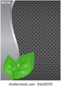 Abstract metallic background with a curved line and the green leaves in the dew
