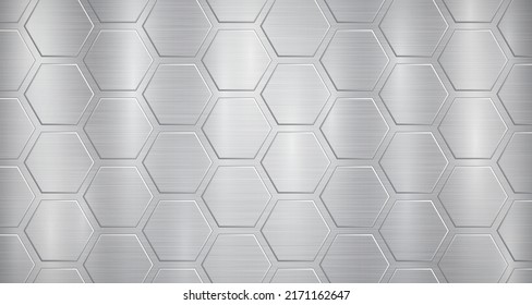 Abstract metallic background in gray colors with highlights and a big voluminous convex hexagonal plates