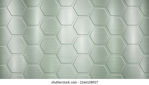 Abstract metallic background in green colors with highlights and a big voluminous convex hexagonal plates
