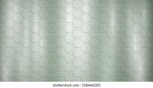 Abstract metallic background in green colors with highlights and a voluminous convex hexagonal plates