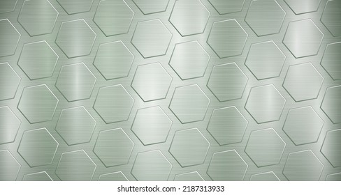 Resumen de fondo metálico en colores verdes con resaltados y grandes placas hexagonales convexa voluminosas