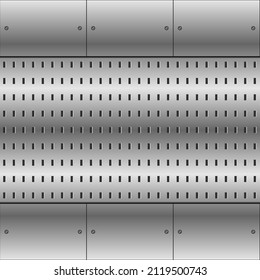 Abstract metallic background. Silver sheet with perforated square holes mesh. Polished metal plate with rivets, screws. Design template