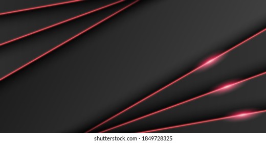 Abstract metallic black frame background, triangular overlap layer with bright red light line, diagonal shape, dark minimal design with copy space, vector illustration