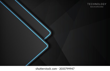 Resumen de diseño de marco negro metálico plantilla de diseño de tecnología moderna. Efecto 3D de capas superpuestas con decoración de líneas de neón de luz azul.