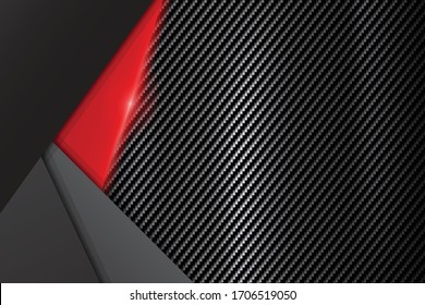 marco rojo negro metálico abstracto sobre el patrón de textura kevlar de carbono fondo de concepto de innovación en deportes tecnológicos - Vector