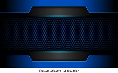 Abstract metallic blue and black on hexagon pattern, frame design innovation technology concept layout background. Vector template for use element cover, banner, wallpaper, presentation, flyer