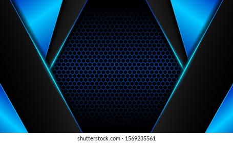 Abstract metallic blue and black on hexagon pattern, frame design innovation technology concept layout background. Vector template for use element cover, banner, wallpaper, presentation, flyer