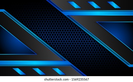 Abstract metallic blue and black on hexagon pattern, frame design innovation technology concept layout background. Vector template for use element cover, banner, wallpaper, presentation, flyer