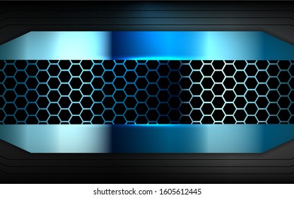 Abstract metallic blue and black shapes innovation technology background concept with triangle and light composition. Vector design template for use element cover, banner, wallpaper, presentation