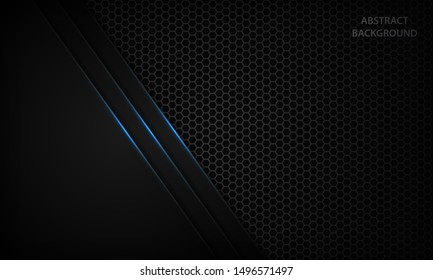 Abstract metallic blue shiny color black frame layout on hexagon texture. Modern tech design vector template background.