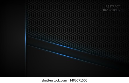 Abstract metallic blue shiny color black frame layout on hexagon texture. Modern tech design vector template background.