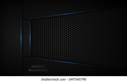 Abstract metallic blue shiny color black frame layout on hexagon texture. Modern tech design vector template background.