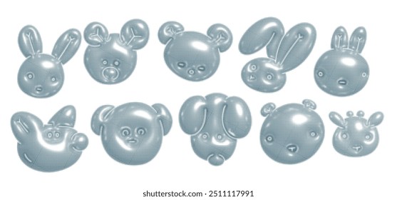 Abstractas burbujas metálicas en forma de bozales de animales sobre un fondo transparente en estilo semitono punteado. y2k cromo prop Diseño. Esferas que fluyen brillantes. Vector 3D imitando ilustración.