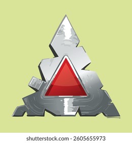 Abstract metallic emblem with a red triangle on green background