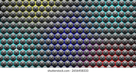 Abstract metallic hexagon pattern with gradient light effects in red, cyan, and blue. Ideal for tech designs, gaming backgrounds, sci-fi themes, and modern digital interfaces.

