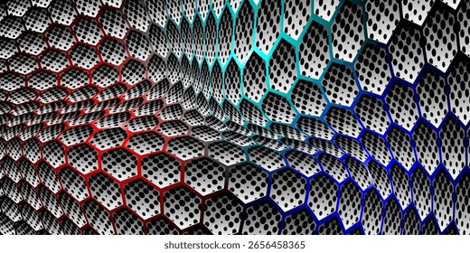Abstract metallic hexagon pattern with gradient light effects in red, cyan, and blue. Ideal for tech designs, gaming backgrounds, sci-fi themes, and modern digital interfaces.

