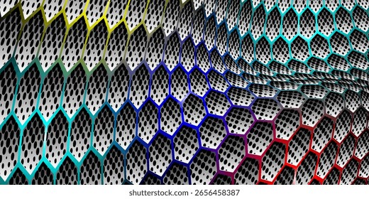 Abstractas patrón hexagonal metálico con efectos de luz degradada en rojo, cian y azul. Ideal para diseños tecnológicos, fondos de juegos, temas de ciencia ficción e interfaces digitales modernas.

