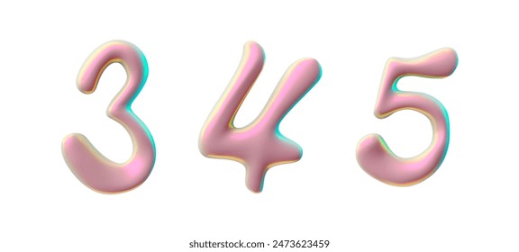 Abstract metallic numbers 3, 4, and 5 icons in Y2K style. Smooth, shiny iridescent design with a futuristic 90s and 00s aesthetic. 3D icon vector illustration set for logos, posters, or digital art