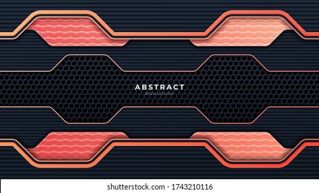 Abstract metallic perforated technology background with orange lines. black frame layout modern tech design template. Trendy gradient shapes composition. Eps 10 vector