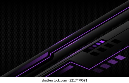 Abstract metallic purple line black cyber dynamic geometric banner on black hexagon mesh pattern blank space design ultramodern luxury futuristic technology background vector illustration.