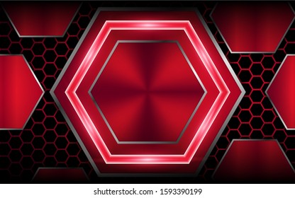 Abstract metallic red frame layout design tech innovation concept geometric on hexagon background. Can use for wallpaper, poster, brochure, cover, banner, advertising, corporate