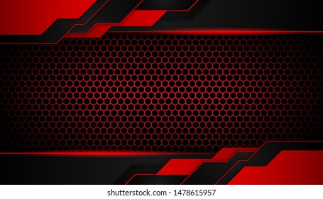 Abstract metallic red light on dark hexagon luxury background