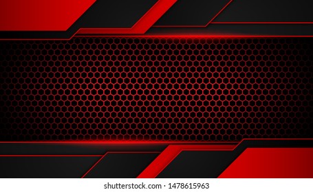 Abstract metallic red light on dark hexagon luxury background