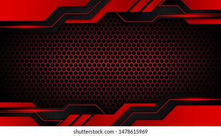 Abstract metallic red light on dark hexagon luxury background