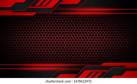 Abstract metallic red light on dark hexagon luxury background