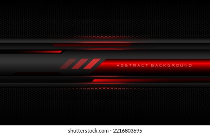 Abstract metallic red line black cyber geometric line banner on black hexagon mesh pattern design ultramodern luxury futuristic technology background vector illustration.